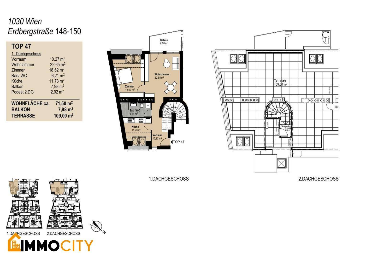 Zweigeschossiger Grundriss der Wohnung TOP 47 mit Balkon, Terrasse und großzügiger Dachterrasse.