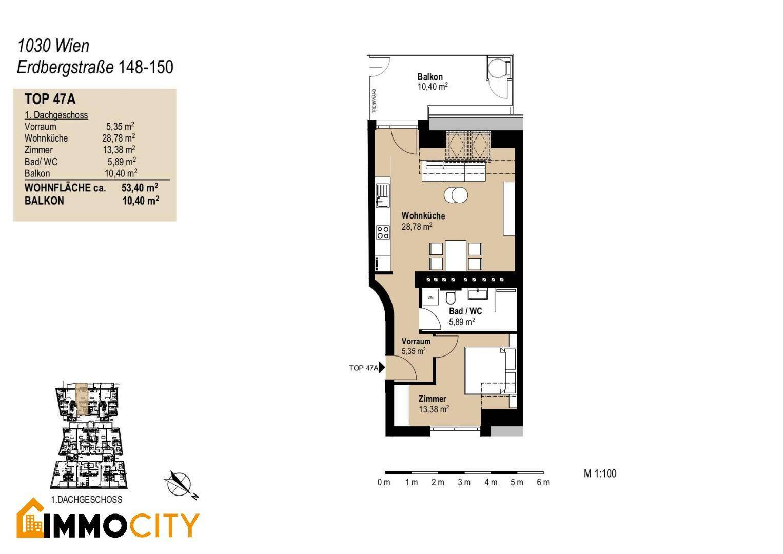 Grundriss der Wohnung TOP 47A im Dachgeschoss mit Wohnküche, Zimmer und Balkon.