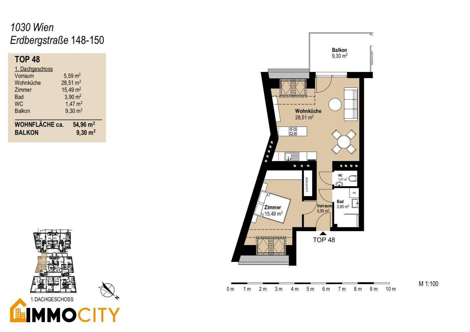 Grundriss der Wohnung TOP 48 im Dachgeschoss mit offener Wohnküche, Zimmer und Balkon.