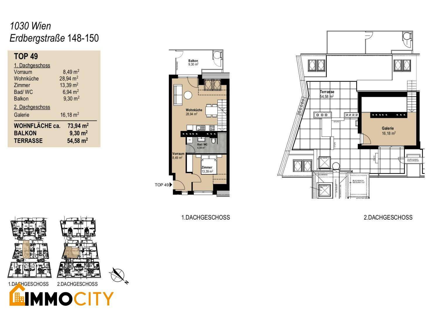 Zweigeschossiger Grundriss der Wohnung TOP 49 mit Balkon, Terrasse und Galerie im Dachgeschoss.