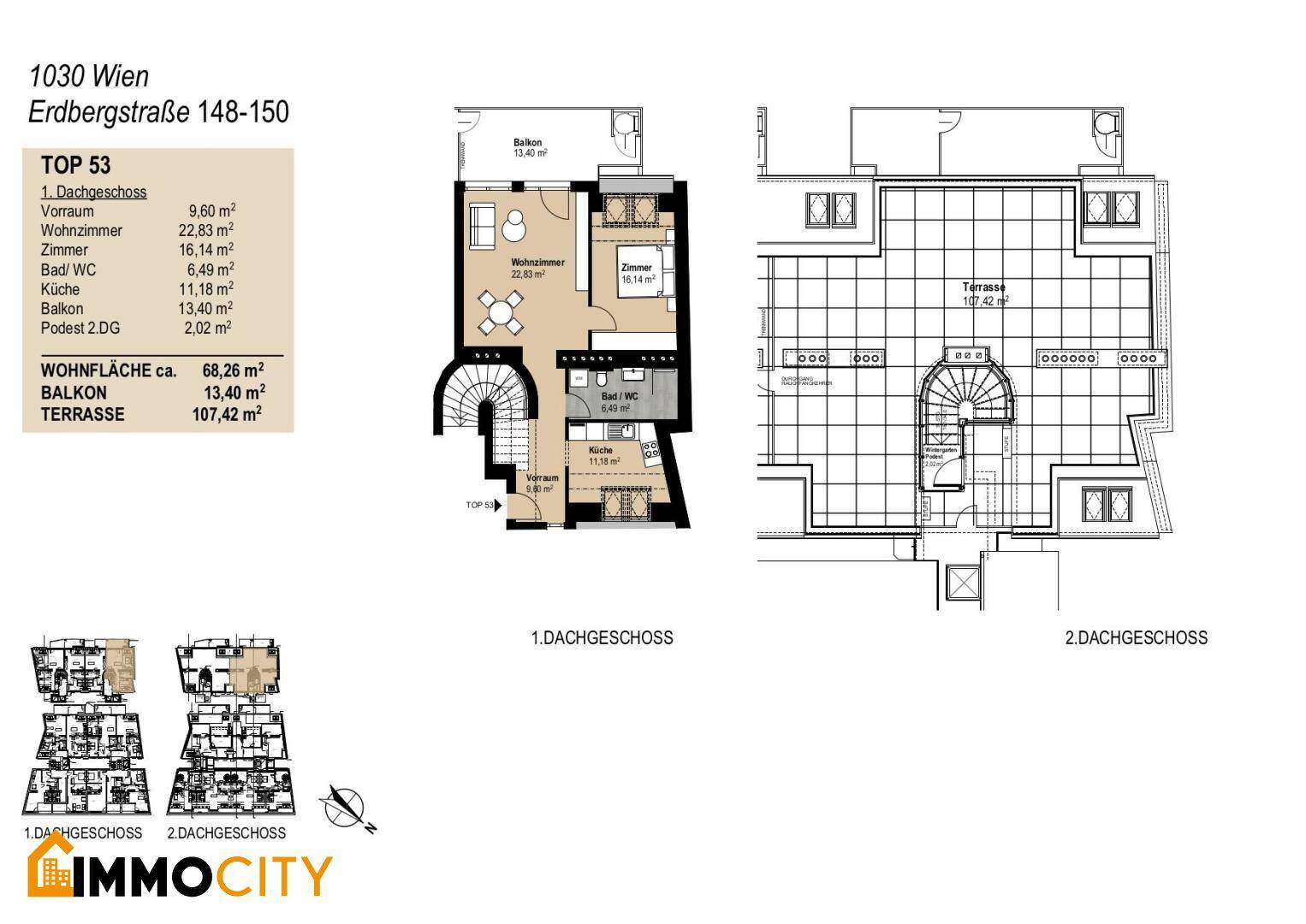 Zweigeschossiger Grundriss der Wohnung TOP 53 mit Balkon, Terrasse und großzügiger Dachterrasse.