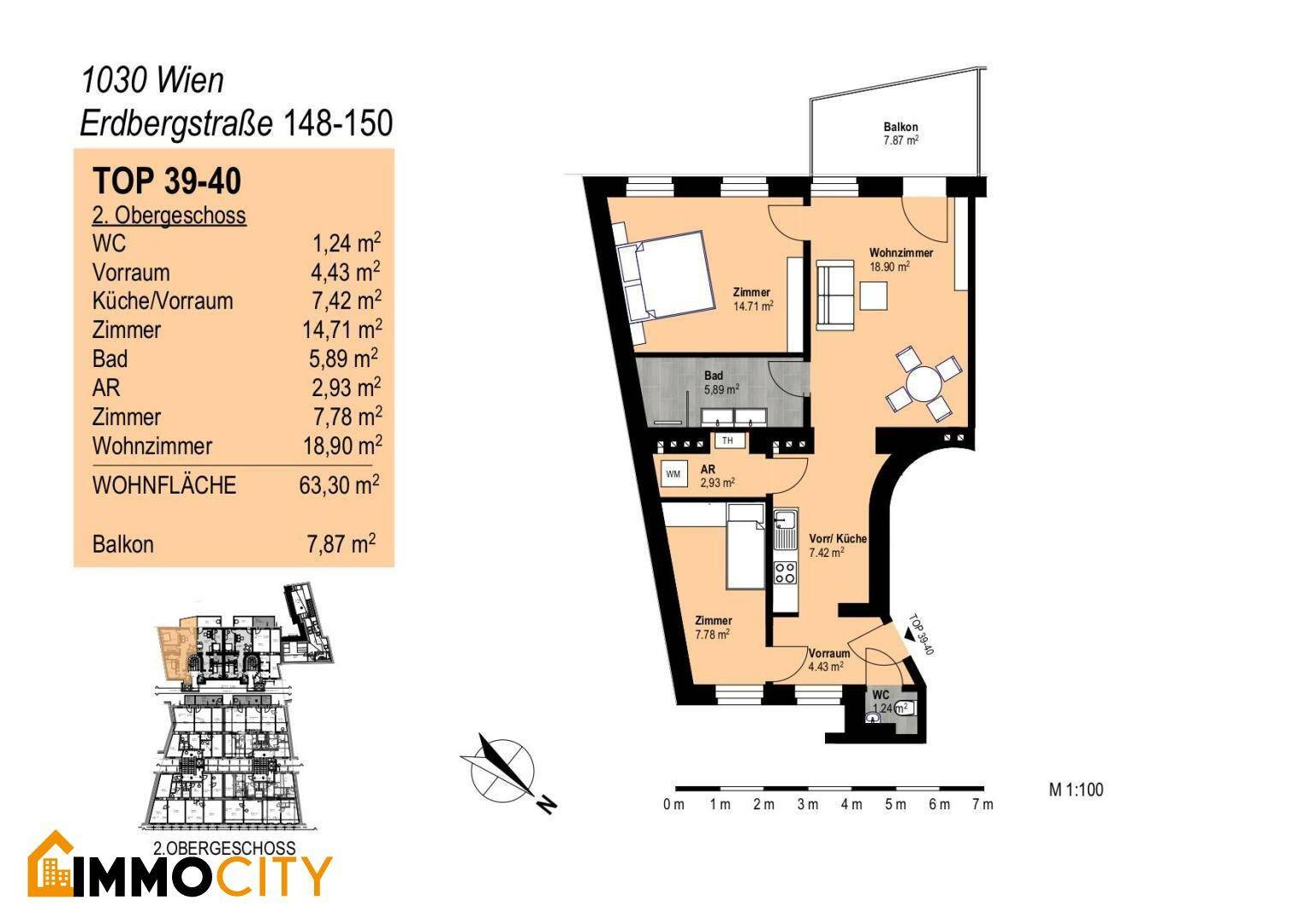 Grundriss der Wohnung TOP 39-40 im 2. Obergeschoss mit mehreren Zimmern und Balkonzugang.