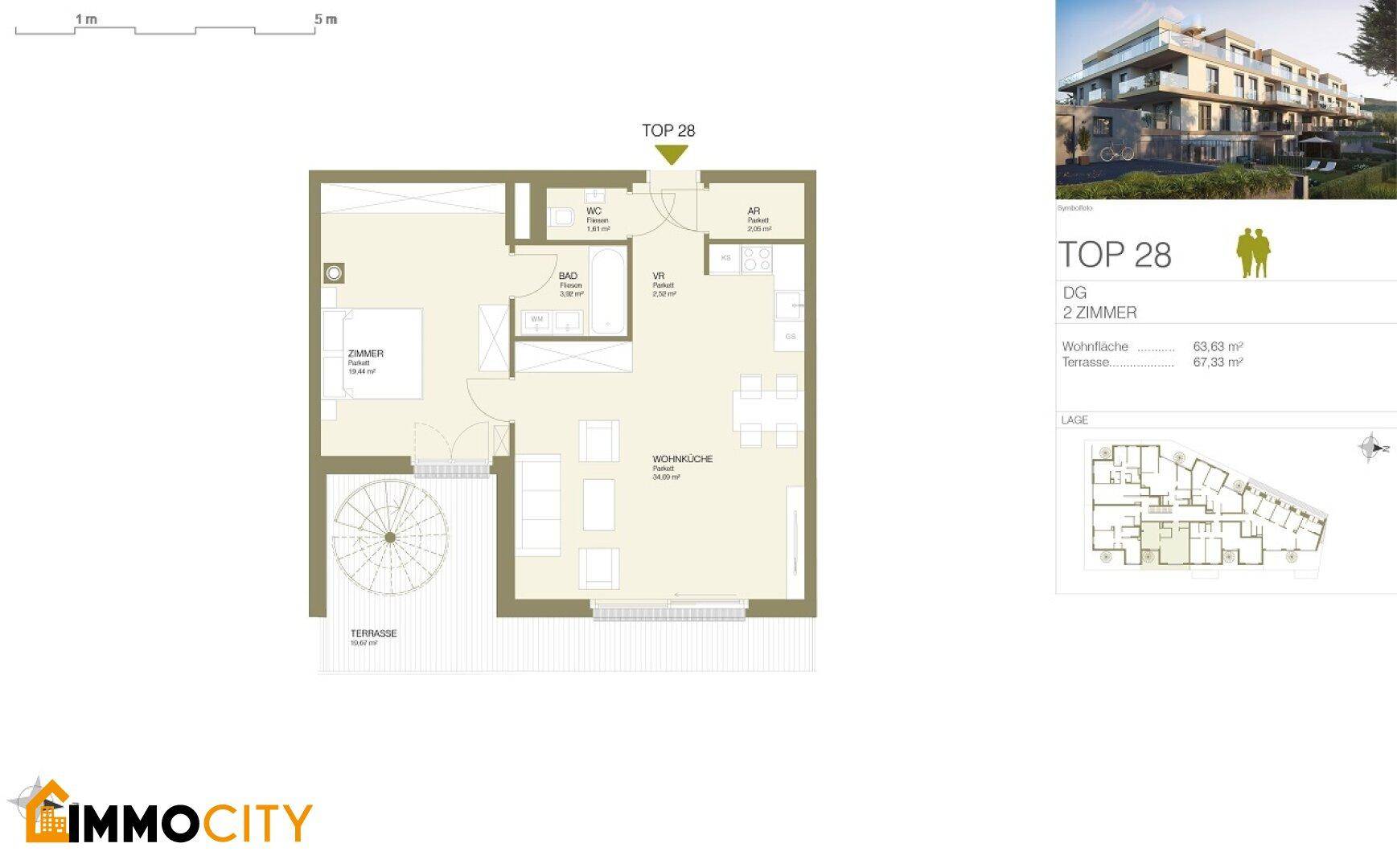 Grundriss der Einheit TOP 28 mit offenem Wohnbereich, Schlafzimmer, Bad und großer Terrasse.