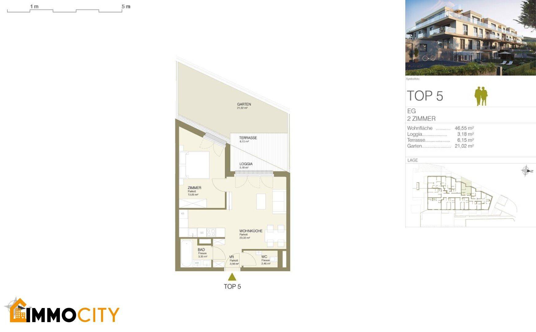 Grundriss für eine 2-Zimmer-Wohnung im Erdgeschoss mit Garten und Terrasse.