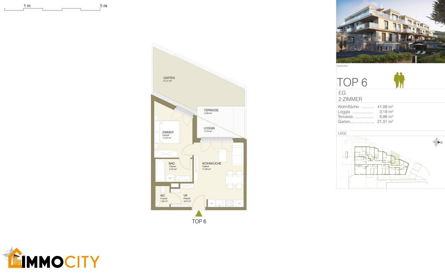 Grundriss für eine 2-Zimmer-Wohnung im Erdgeschoss mit Garten und Terrasse.