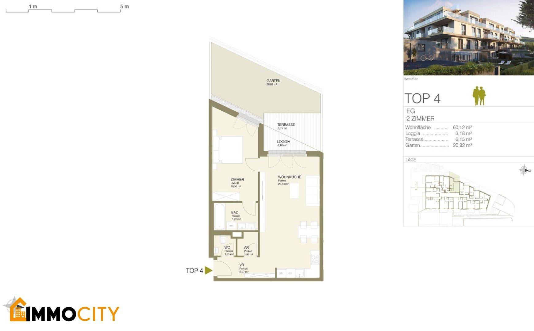 Grundriss für eine 2-Zimmer-Wohnung im Erdgeschoss mit Garten und Terrasse.