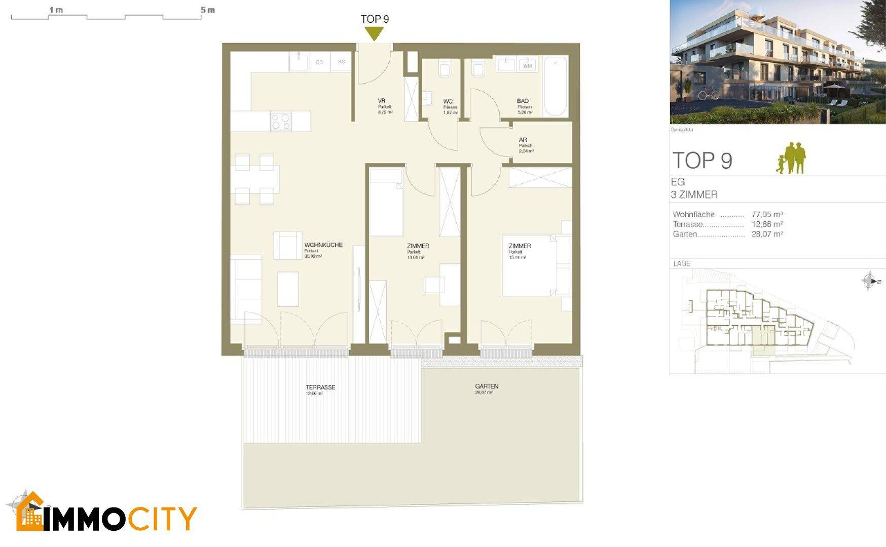 Grundriss der Wohnung TOP 9 mit drei Zimmern, offener Wohnküche, Terrasse und Gartenanteil.