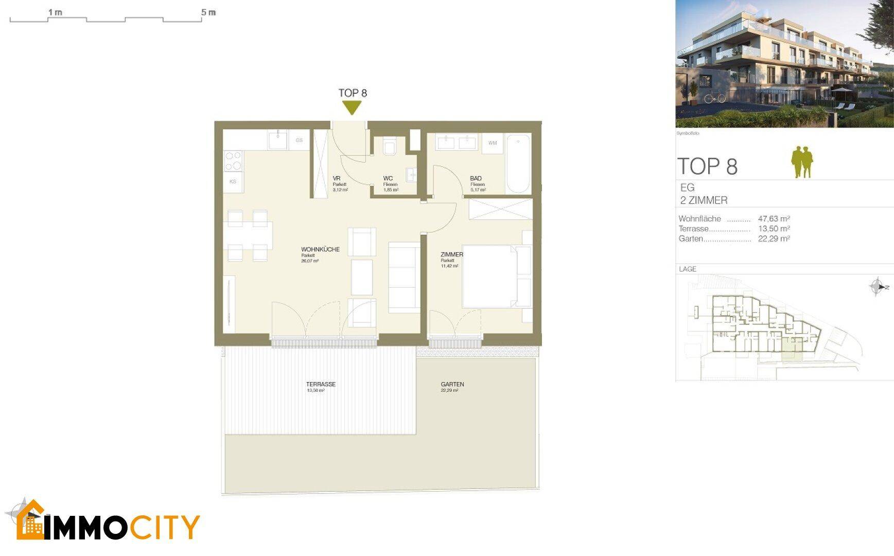 Grundriss der Wohnung TOP 8 mit zwei Zimmern, offener Wohnküche, Terrasse und kleinem Garten.