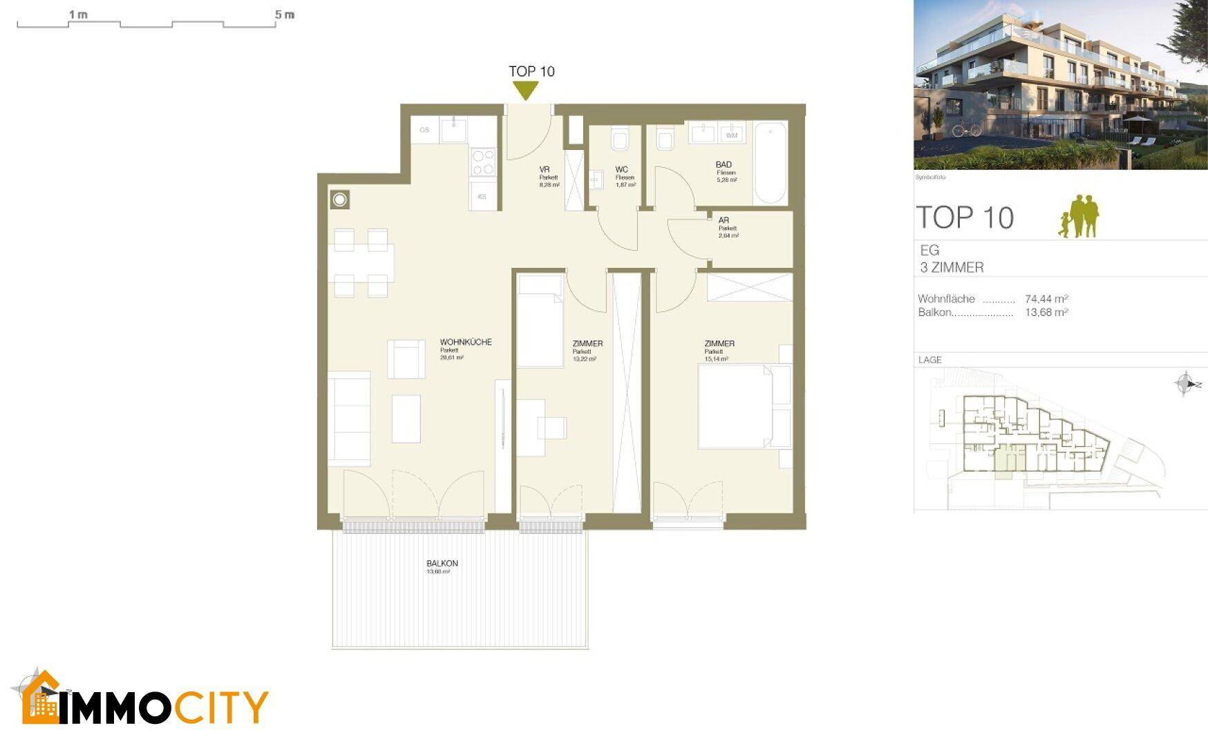 Grundriss der Wohnung TOP 10 mit drei Zimmern, offener Wohnküche und einem Balkon.