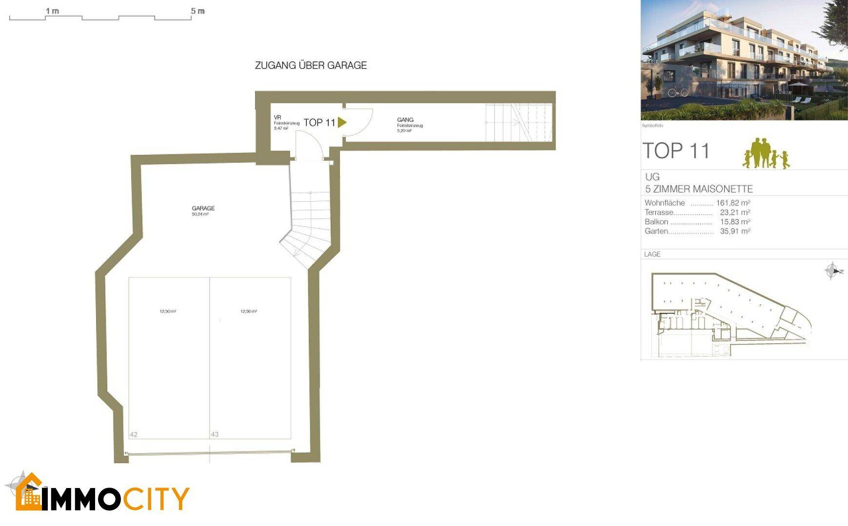 Grundriss des Untergeschosses der Maisonette TOP 11 mit Zugang zur Garage und Treppenhaus.