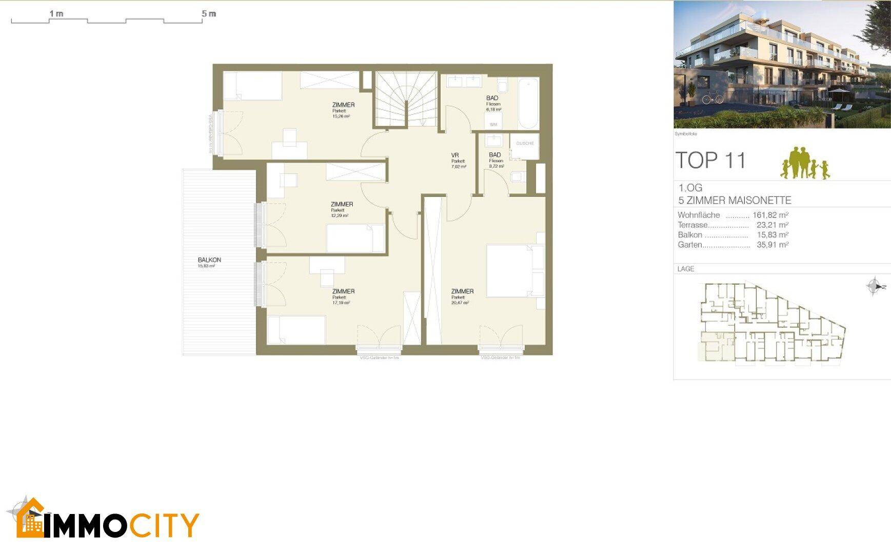 Grundriss des Obergeschosses der Maisonette TOP 11 mit vier Zimmern und Balkonzugang.