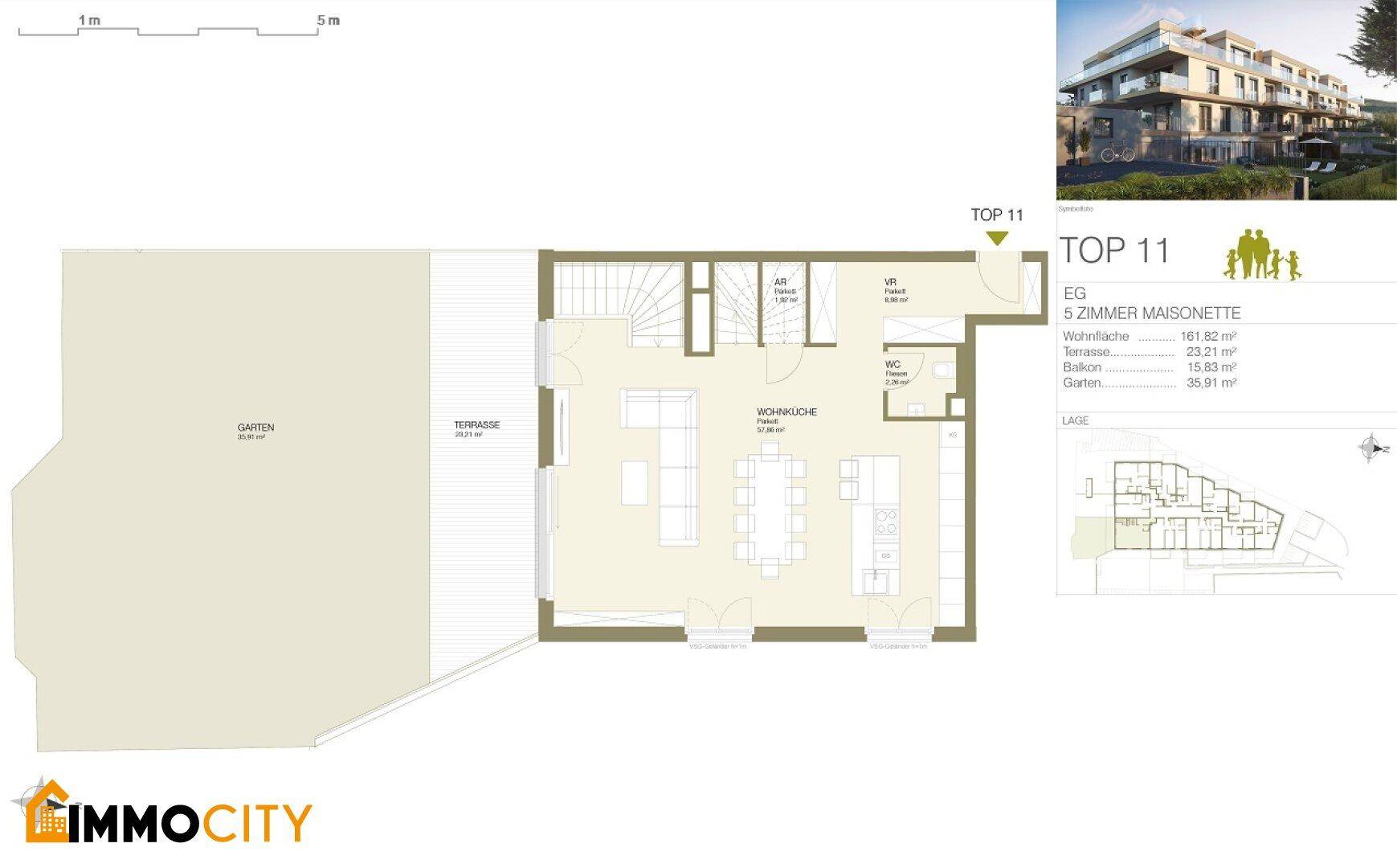 Grundriss des Erdgeschosses der Maisonette TOP 11 mit offener Wohnküche, Terrasse und großem Garten.