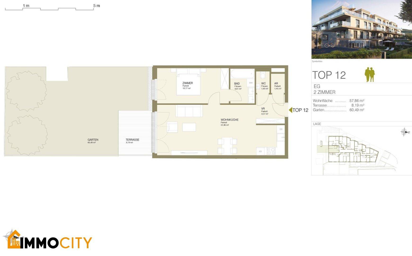 Grundriss der Wohnung TOP 12 mit zwei Zimmern, offener Wohnküche, Terrasse und Garten.
