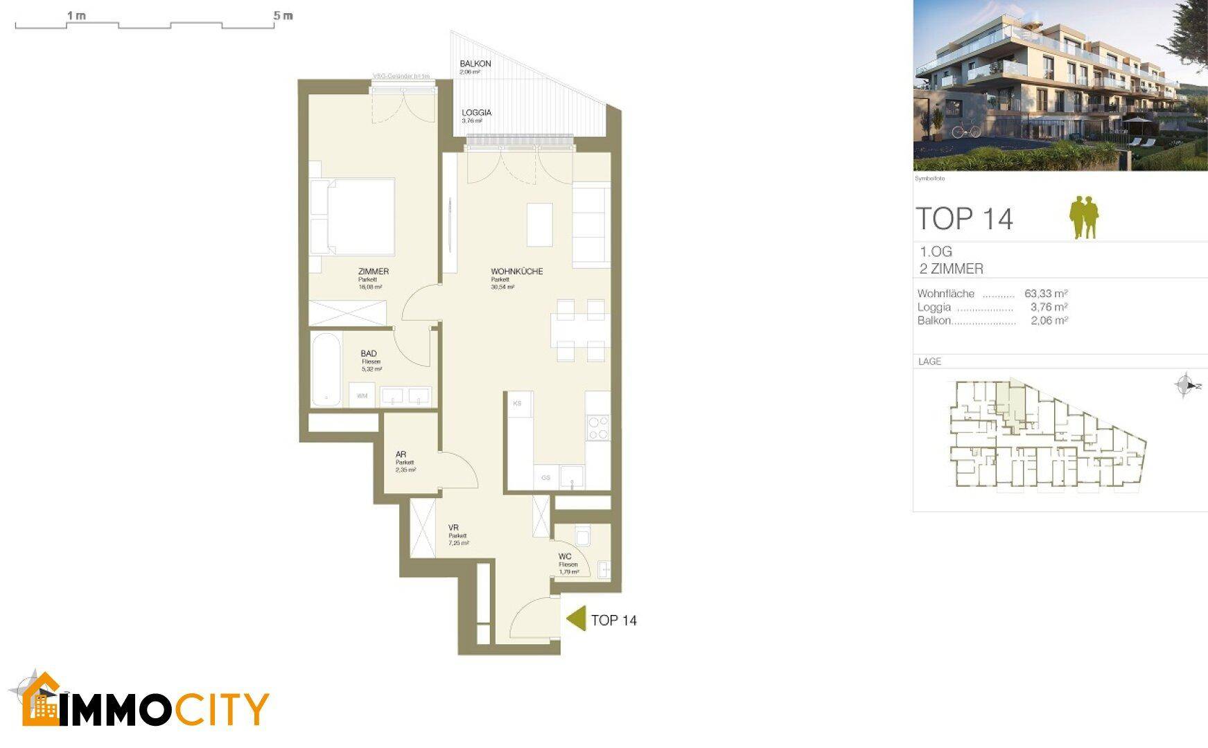 Grundriss der Wohnung TOP 14 mit zwei Zimmern, offener Wohnküche, Loggia und Balkon.