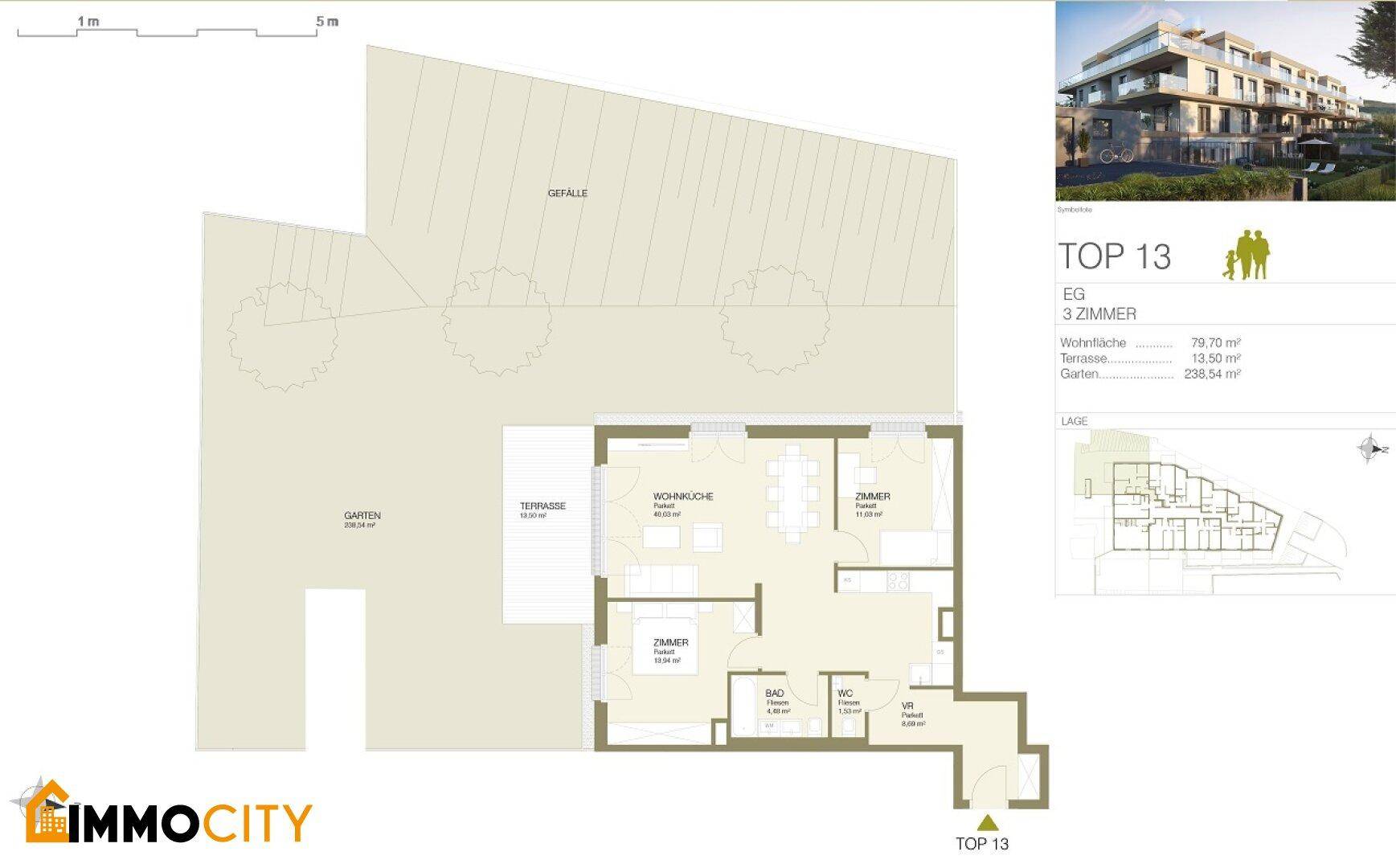 Grundriss der Wohnung TOP 13 mit drei Zimmern, offener Wohnküche, Terrasse und großem Garten.