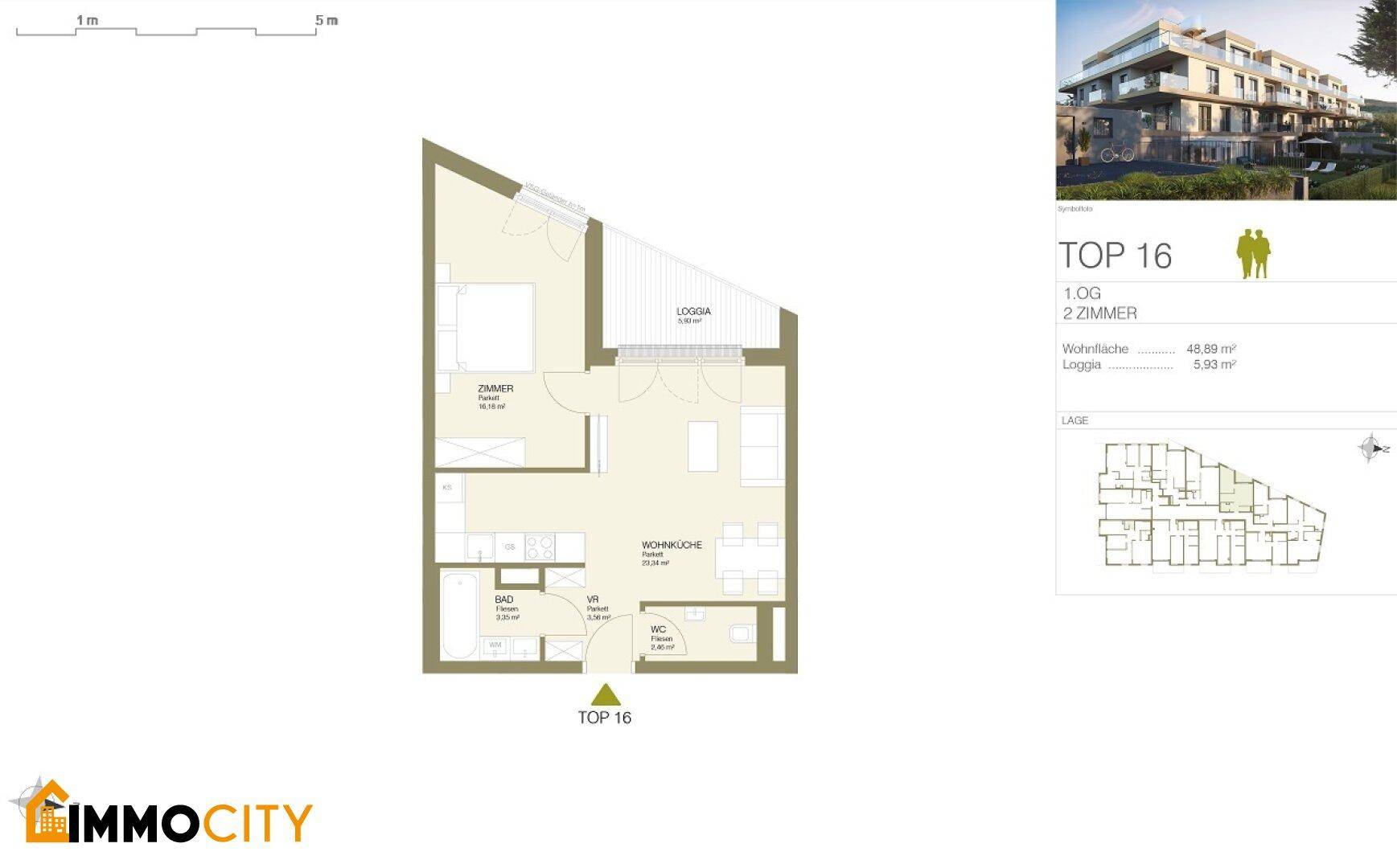 Grundriss der Wohnung TOP 16 mit zwei Zimmern, offener Wohnküche und einer Loggia.