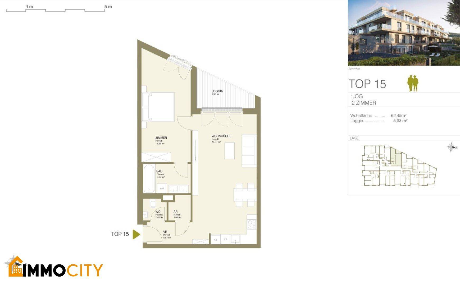 Grundriss der Wohnung TOP 15 mit zwei Zimmern, offener Wohnküche und einer Loggia.