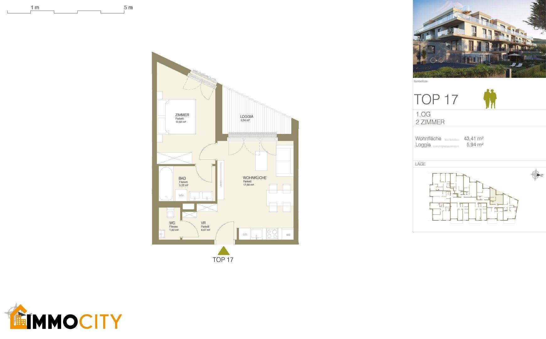 Grundriss der Wohnung TOP 17 mit zwei Zimmern, offener Wohnküche und einer Loggia.