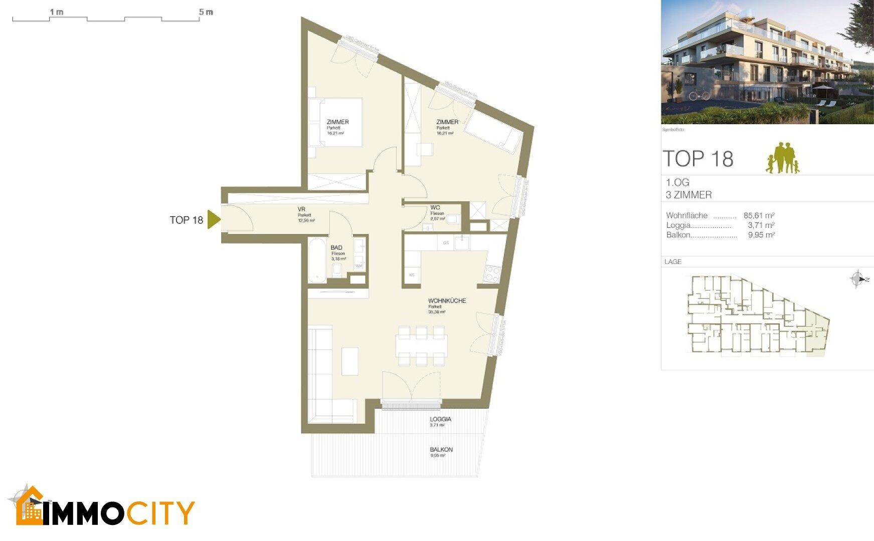 Grundriss der Wohnung TOP 18 mit drei Zimmern, offener Wohnküche, Loggia und Balkon.