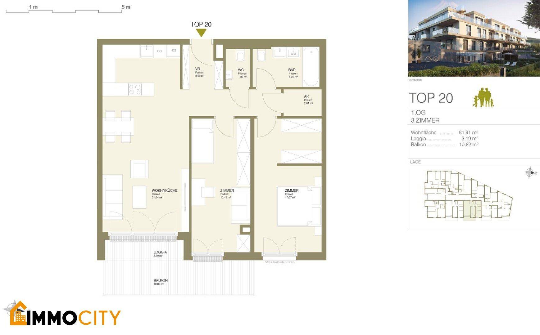 Grundriss der Wohnung TOP 20 mit drei Zimmern, offener Wohnküche, Loggia und Balkon.