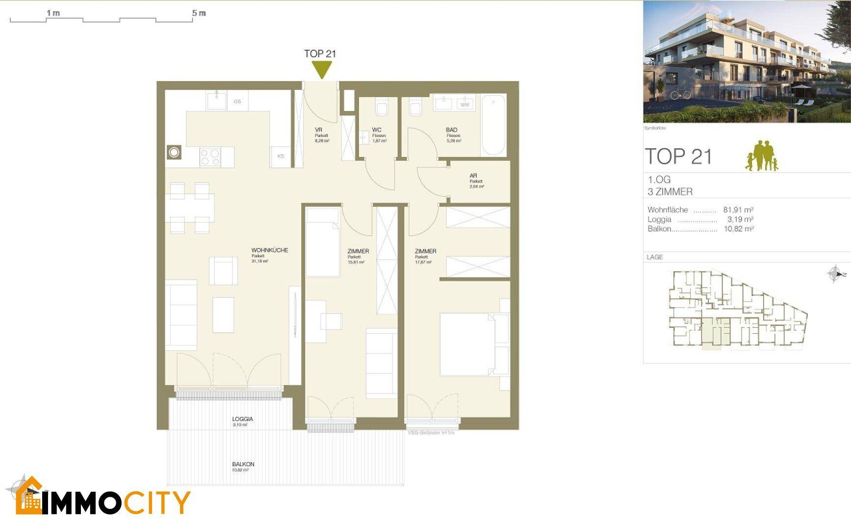 Grundriss der Wohnung TOP 21 mit drei Zimmern, offener Wohnküche, Loggia und Balkon.