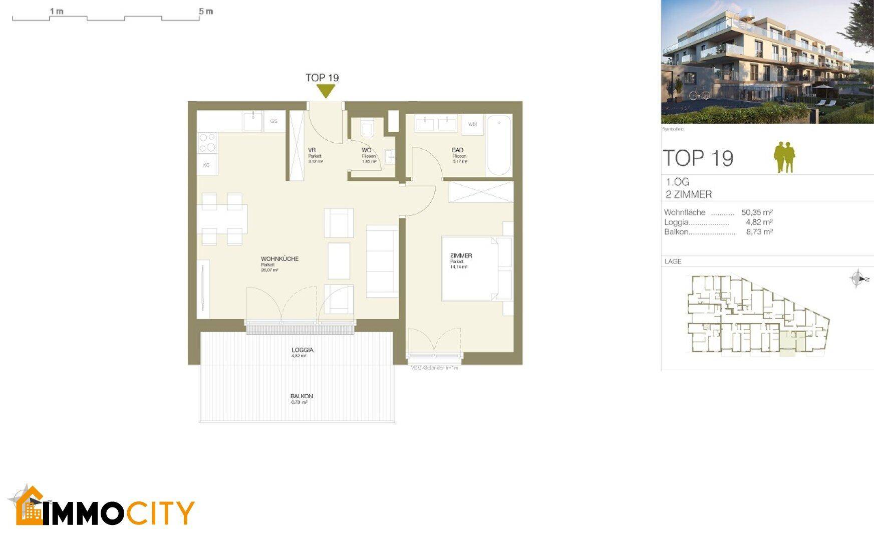 Grundriss der Wohnung TOP 19 mit zwei Zimmern, offener Wohnküche, Loggia und Balkon.