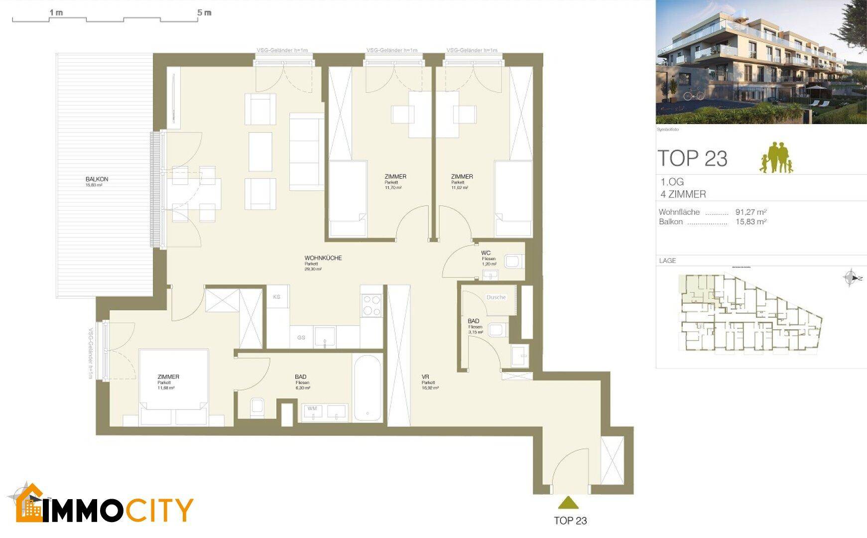 Grundriss der Wohnung TOP 23 mit vier Zimmern, offener Wohnküche, zwei Bädern und Balkon.