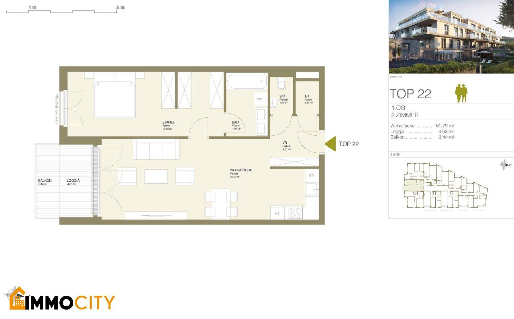 Grundriss der Wohnung TOP 22 mit zwei Zimmern, offener Wohnküche, Loggia und Balkon.