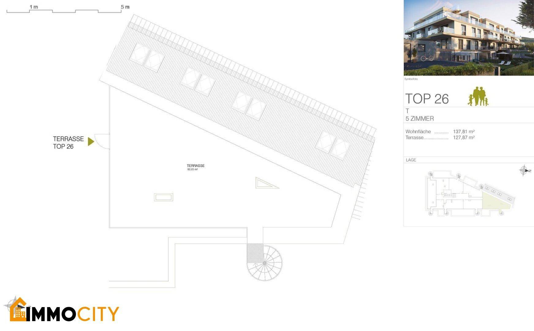 Grundriss der Dachterrasse der Wohnung TOP 26 mit Wendeltreppe und weitläufiger Außenfläche.