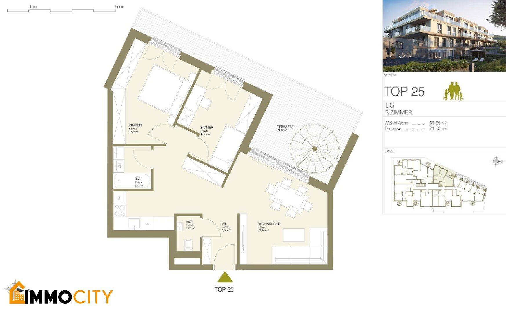 Grundriss der Dachgeschosswohnung TOP 25 mit drei Zimmern, offener Wohnküche und großer Terrasse.