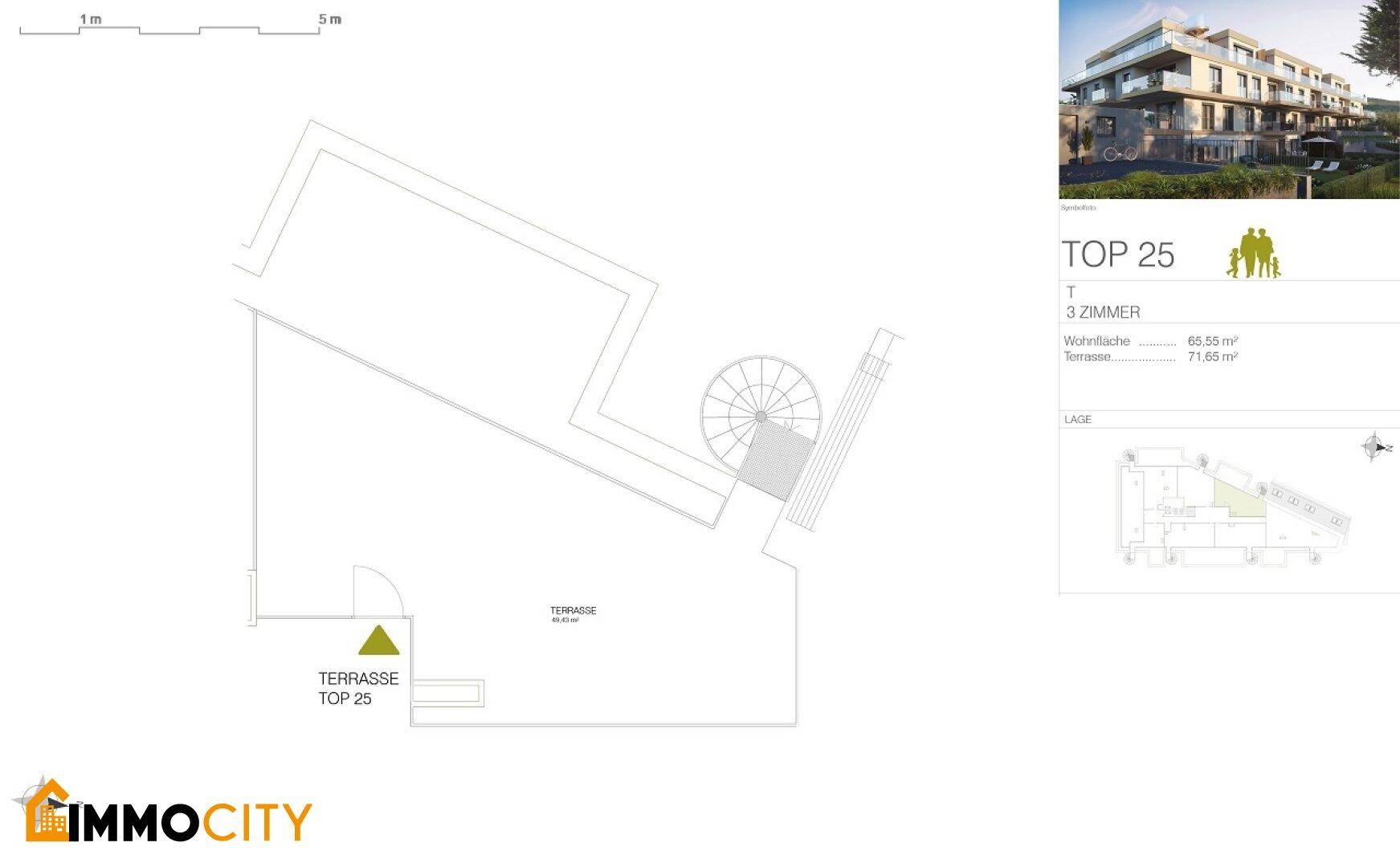 Grundriss der Dachterrasse der Wohnung TOP 25 mit Wendeltreppe und großzügiger Außenfläche.