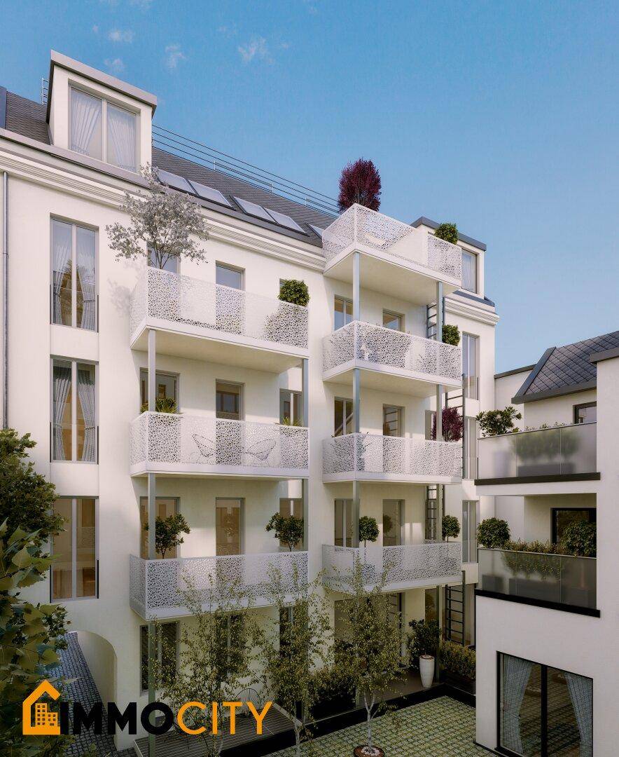 Ansicht einer modernen Wohnfassade mit mehreren Balkonen und dekorativen Elementen.