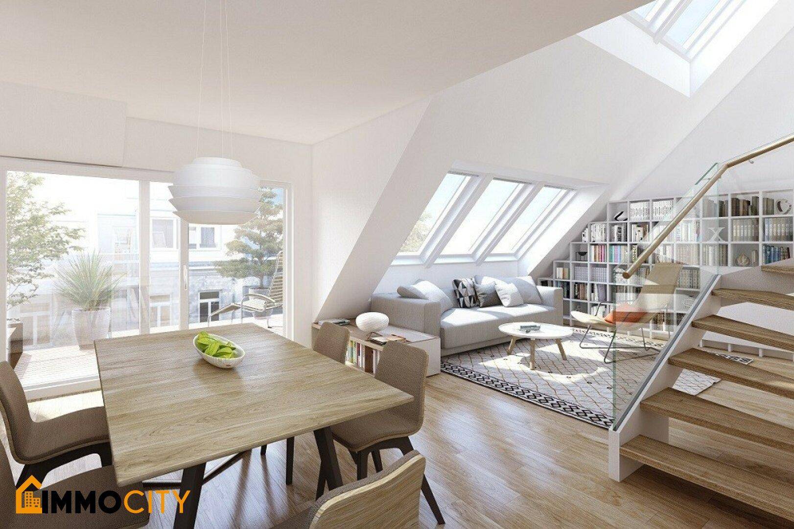 Helles Dachgeschoss-Wohnzimmer mit Essbereich, großen Dachfenstern und offener Holztreppe.