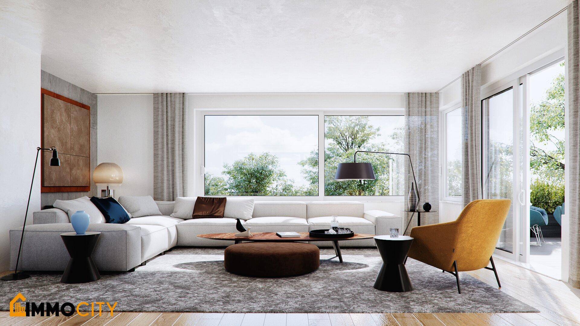 Gemütliches Wohnzimmer mit großem Sofa, Holzboden und weitem Blick in die Natur.