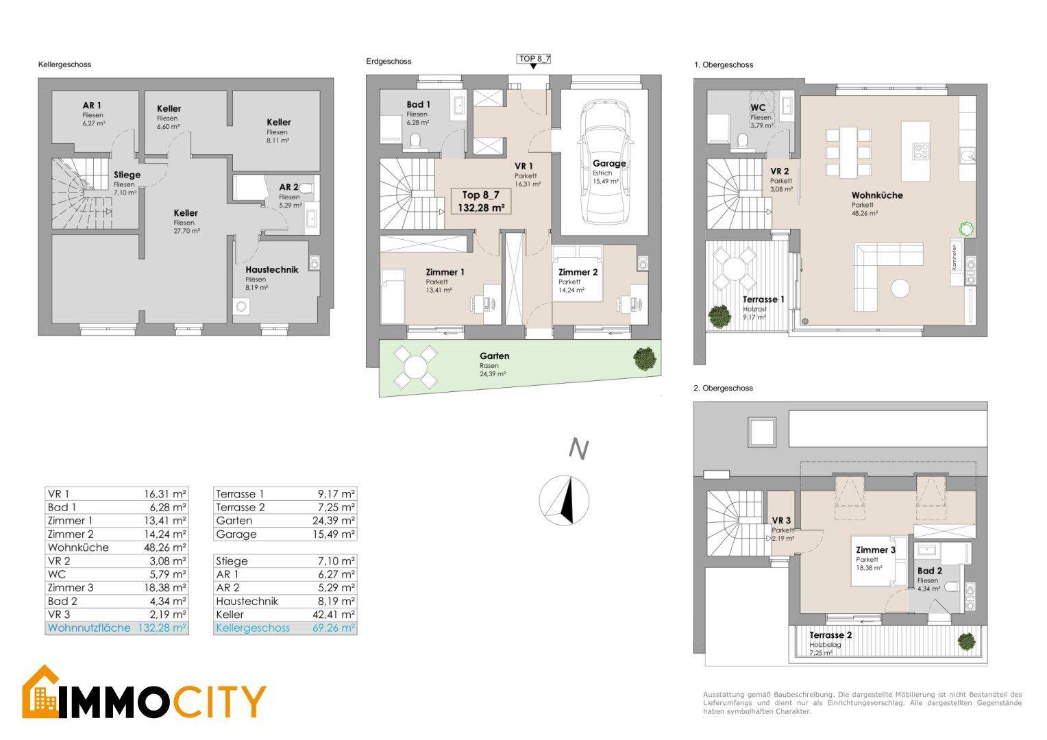 Detaillierter Grundrissplan eines Hauses über vier Ebenen mit Keller, Garage, Garten und zwei Terrassen.