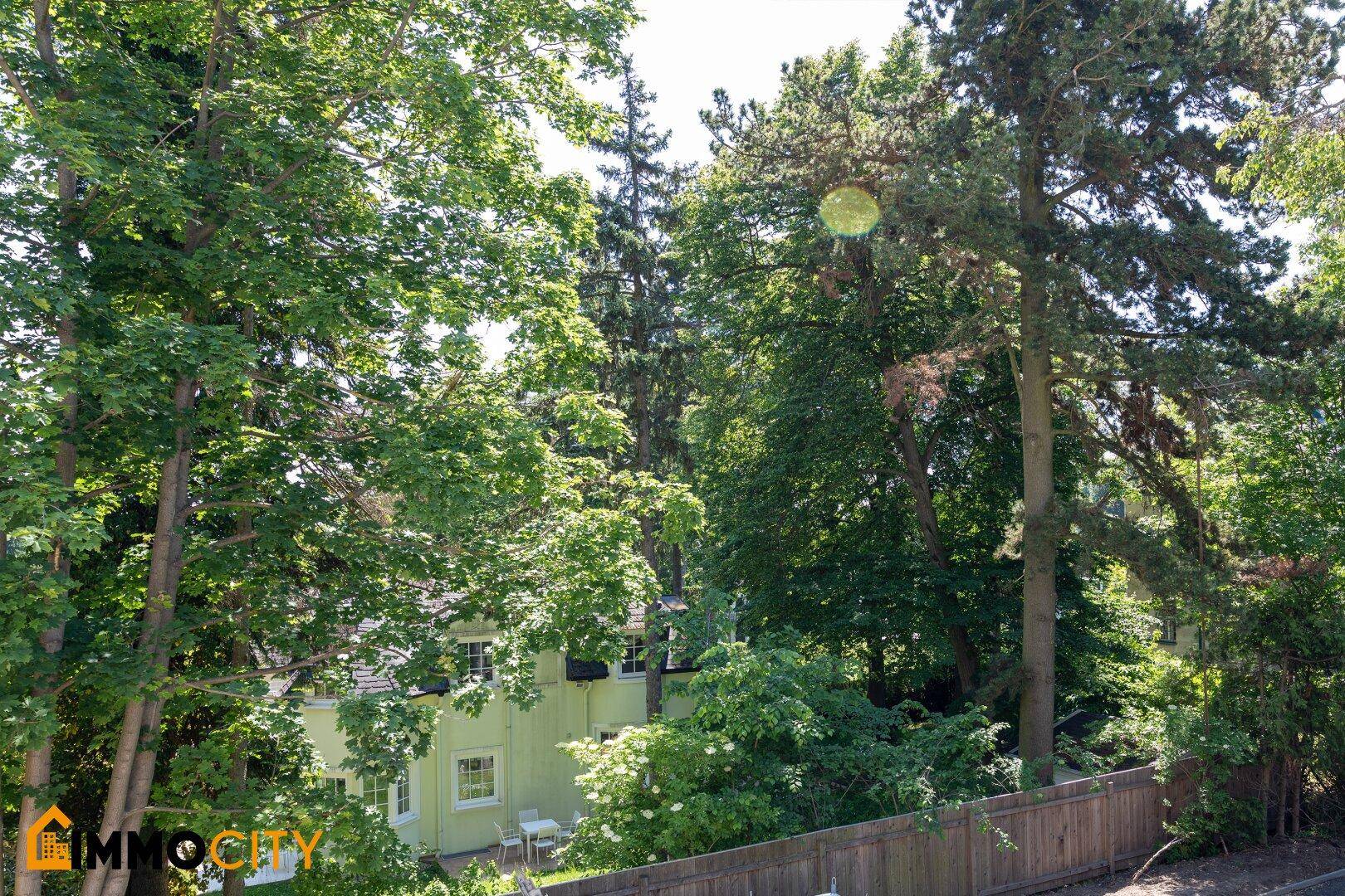 Blick ins Grüne mit altem Baumbestand und einem benachbarten Haus im Hintergrund.