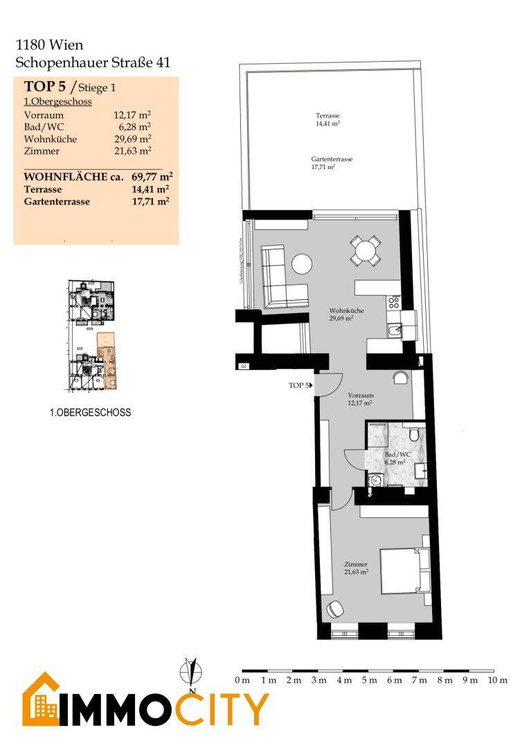 Grundriss der Obergeschosswohnung TOP 5 mit Terrasse, Gartenterrasse und Wohnküche.