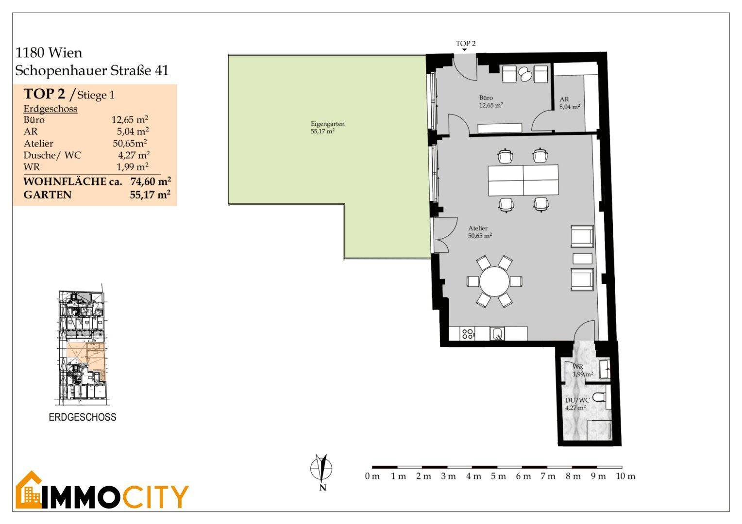 Grundriss der Erdgeschosswohnung TOP 2 mit großem Atelier, Büro und eigenem Garten.