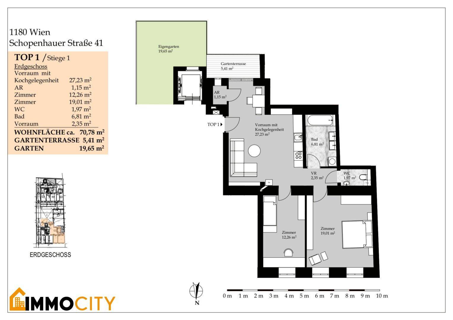 Grundriss der Erdgeschosswohnung TOP 1 mit Garten, Gartenterrasse und drei Zimmern.
