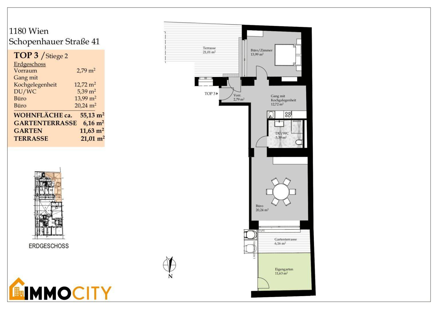Grundriss der Erdgeschosswohnung TOP 3 mit Terrasse, Gartenterrasse und zwei Büros.