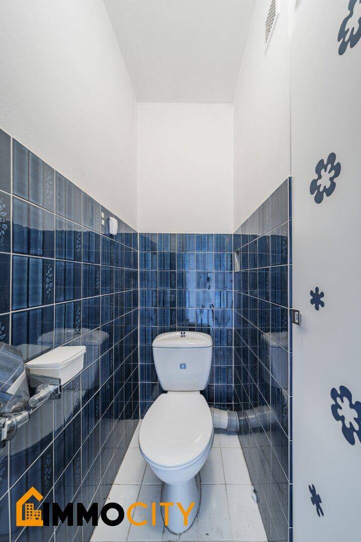 Separates WC mit dunkelblauen Fliesen und einer Toilette, funktional und sauber.