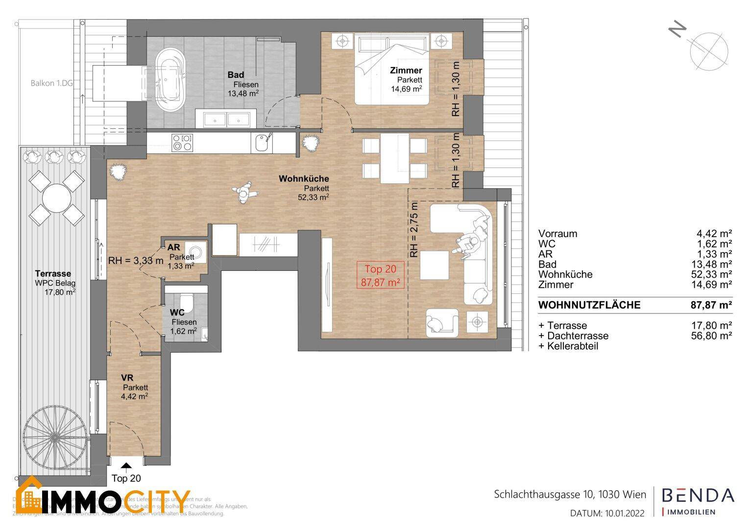 Grundriss einer Wohnung mit großer Wohnküche, Schlafzimmer, Bad, WC und einer weitläufigen Terrasse.