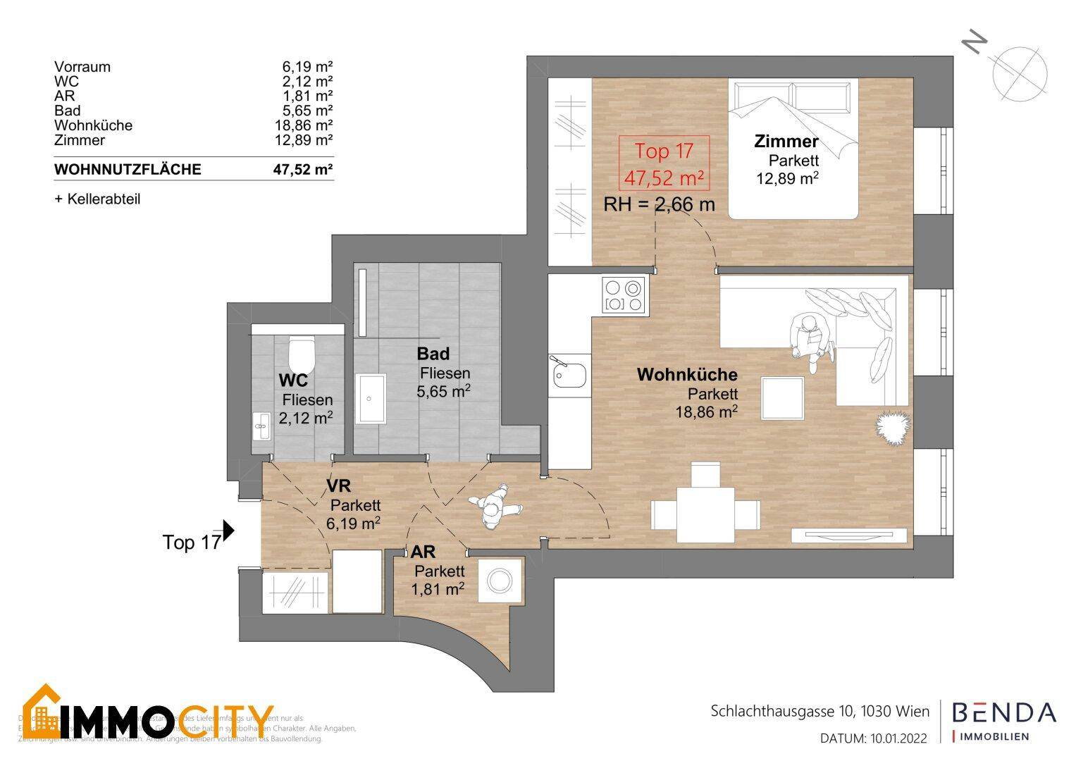 Grundriss einer Wohnung mit Wohnküche, Schlafzimmer, Bad und separatem WC.