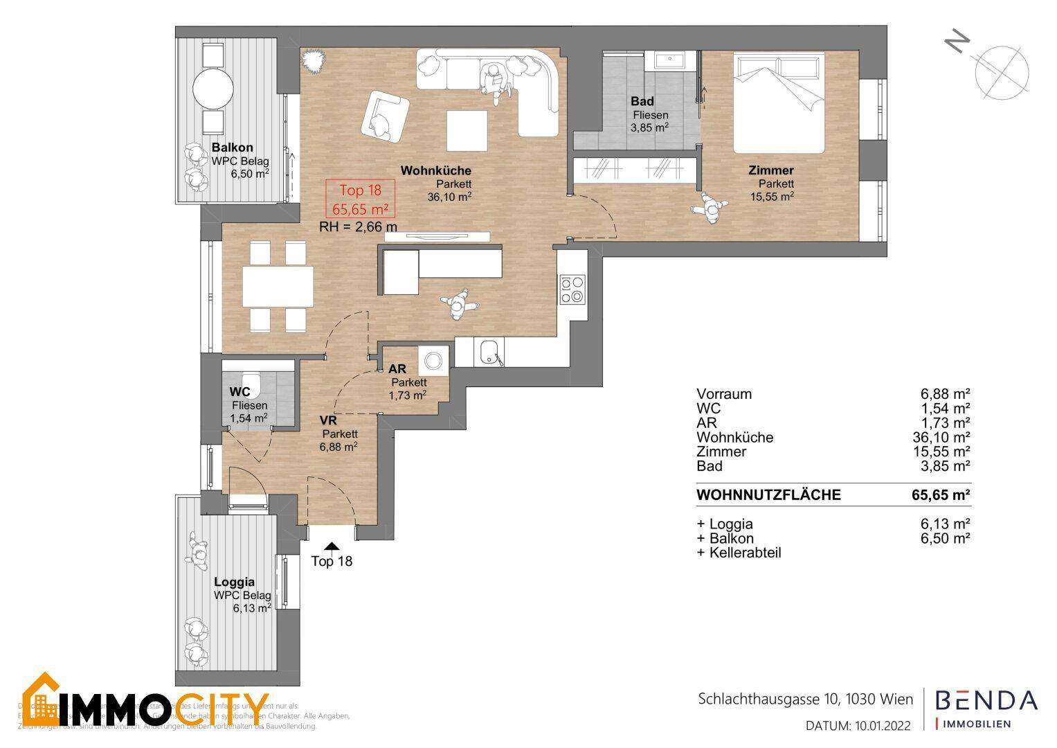 Grundriss einer Wohnung mit großem Wohnküchenbereich, Schlafzimmer, Bad, WC, Balkon und Loggia.