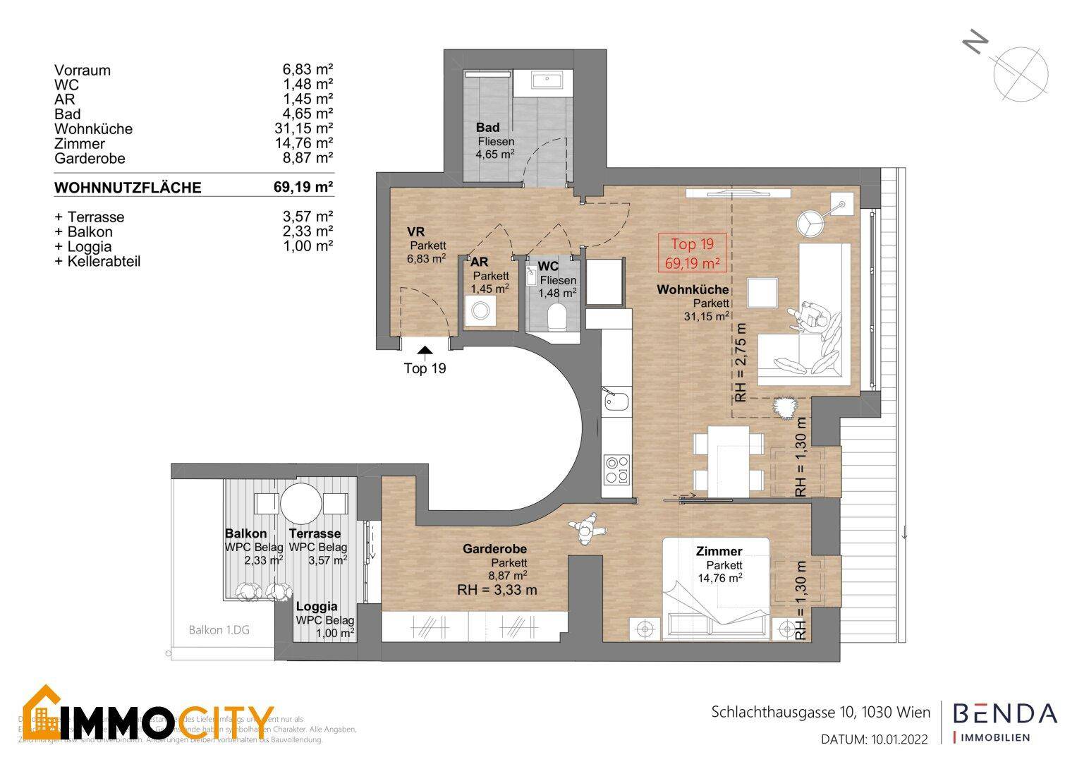Grundriss einer Wohnung mit Wohnküche, Schlafzimmer, Bad, WC, Balkon, Terrasse und Loggia.