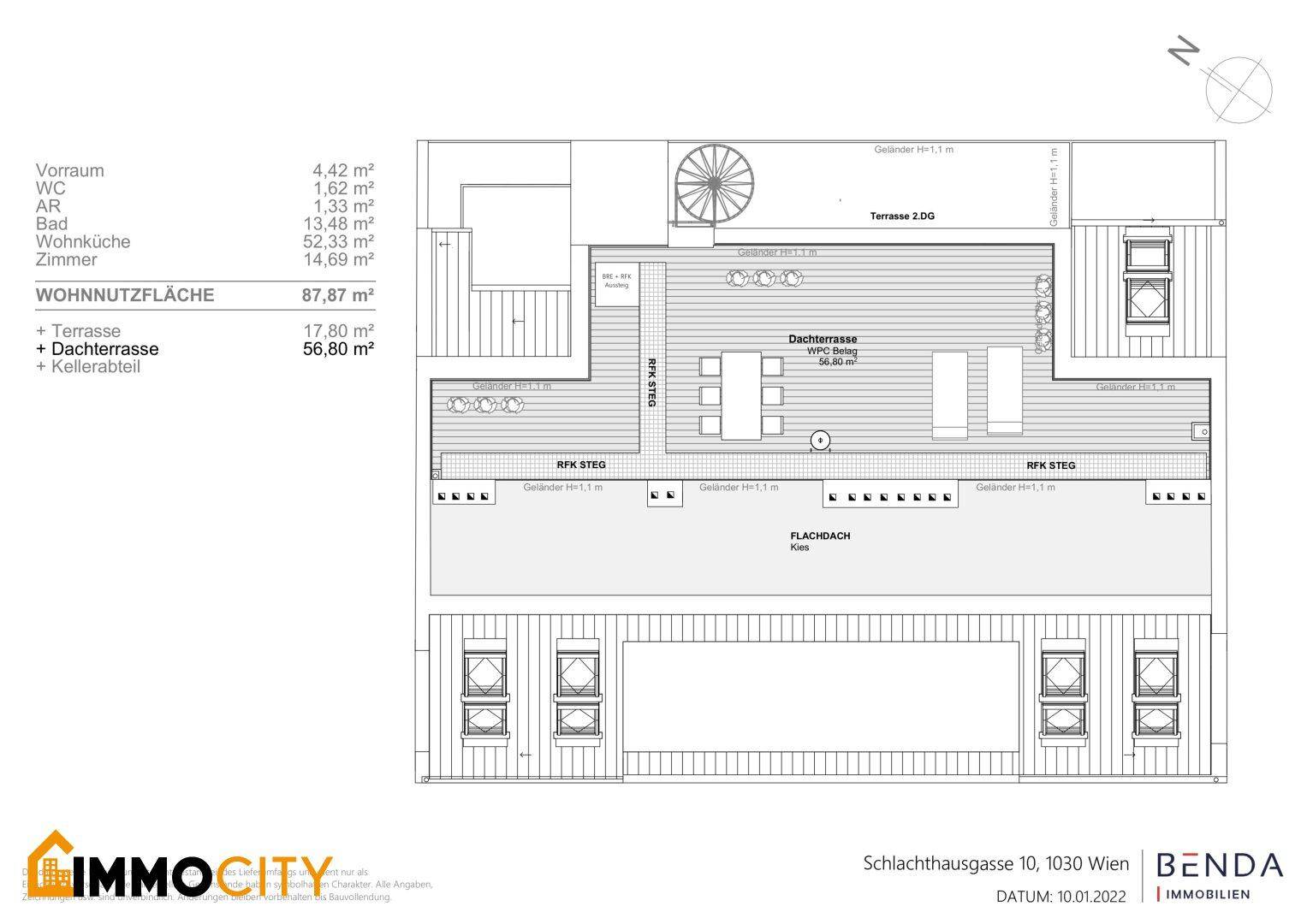 Grundriss einer Dachgeschosswohnung mit großer Dachterrasse, Flachdachanteilen und Balkon.