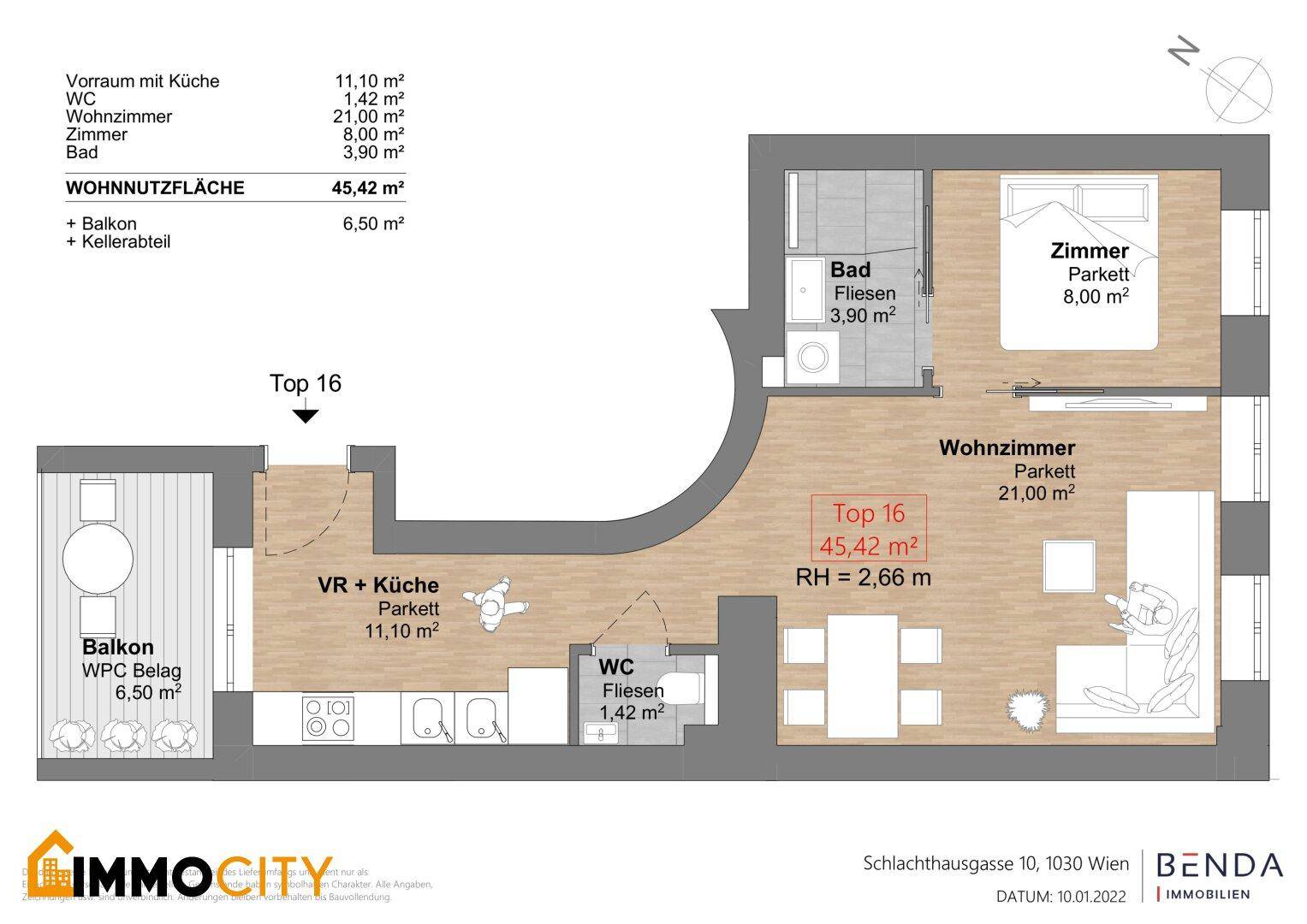 Grundriss einer modernen Wohnung mit offenem Wohnbereich, Balkon und separatem WC.