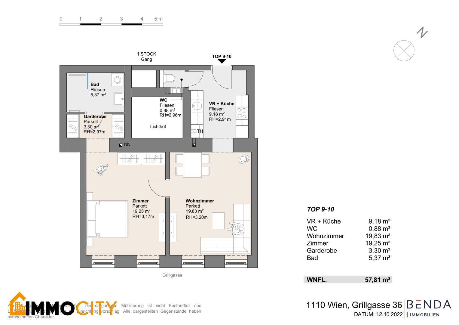 Wohnungsgrundriss mit einem Schlafzimmer, offenem Wohnbereich, Bad, WC und Garderobe.