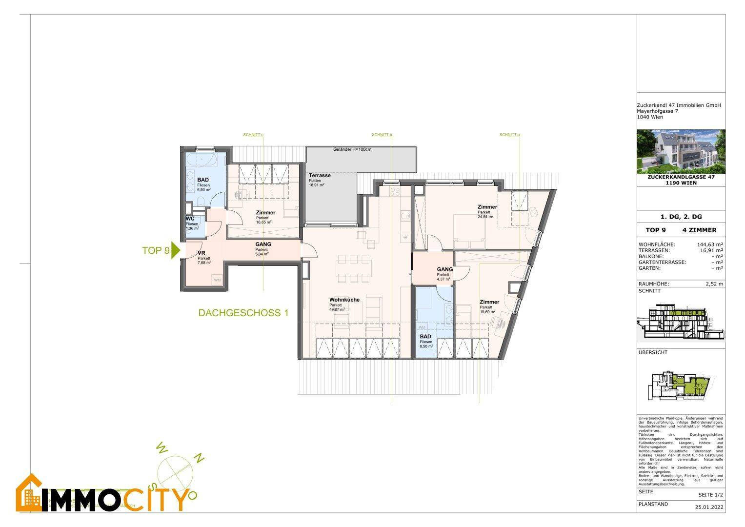 Grundriss für eine Dachgeschosswohnung mit großer Terrasse und offenem Wohnbereich.