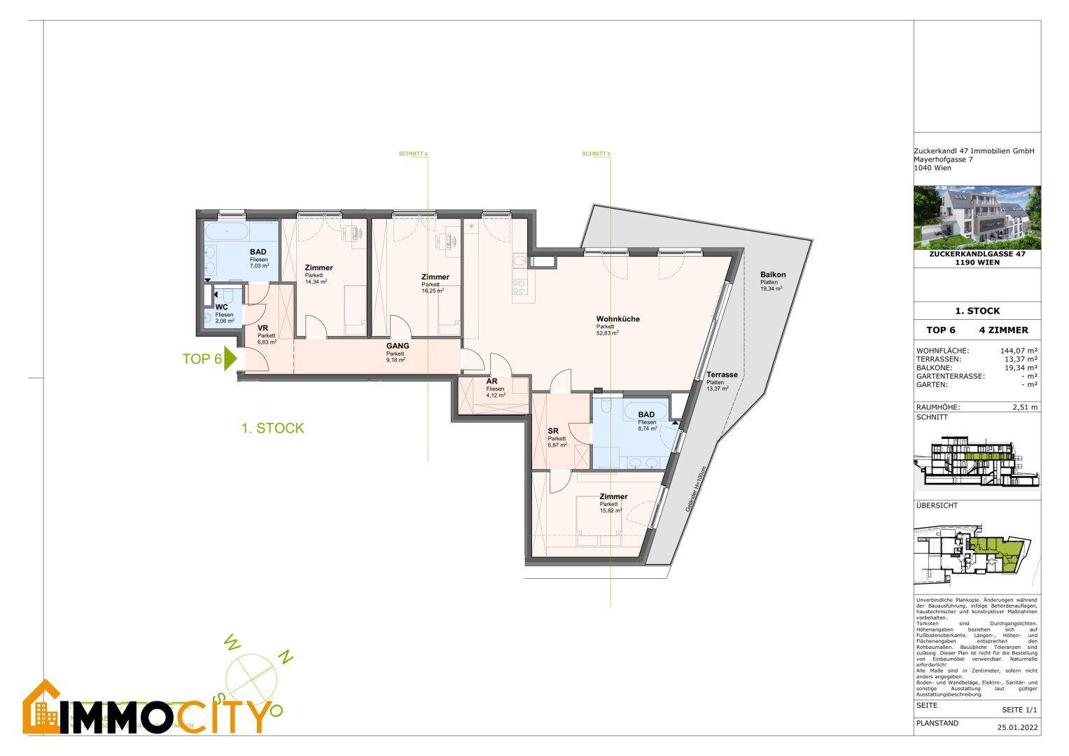 Grundriss für eine 4-Zimmer-Wohnung im ersten Stock mit Balkon und Terrasse.